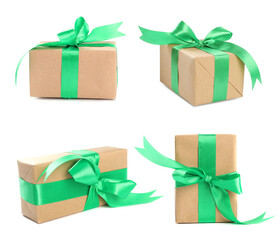 Collage with Christmas gift box on white background, views from different sides
