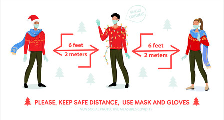 Social Distancing Coronavirus COVID-19 precautions in festive Christmas style. People with masks and gloves and infographic distance 6 feet/2 meters. Protective measures banner. Healthy Christmas.