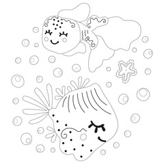 Cute black and white baby illustration of two cheerful smiling floating fish, bubbles and starfish. Outline isolated cartoon magical underwater world. Children's design for coloring page. Vector.