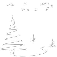 Christmas background with tree one line drawing, vector illustration	
