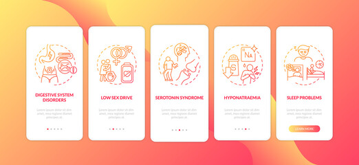 Antidepressants side effects onboarding mobile app page screen with concepts. Serotonin syndrome, hyponatremia walkthrough 5 steps graphic instructions. UI vector template with RGB color illustrations
