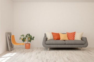 White living room with sofa. Scandinavian interior design. 3D illustration