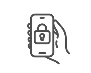 Locked app line icon. Hand hold phone sign. Cellphone with screen notification symbol. Quality design element. Linear style locked app icon. Editable stroke. Vector