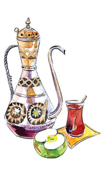Antique turkish teapot, cup of tea, apple