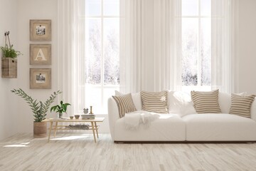 White living room with sofa and winter landscape in window. Scandinavian interior design. 3D illustration