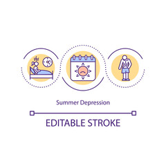 Summer depression concept icon. Seasonal person emotional mental health problems. Affective disorder idea thin line illustration. Vector isolated outline RGB color drawing. Editable stroke
