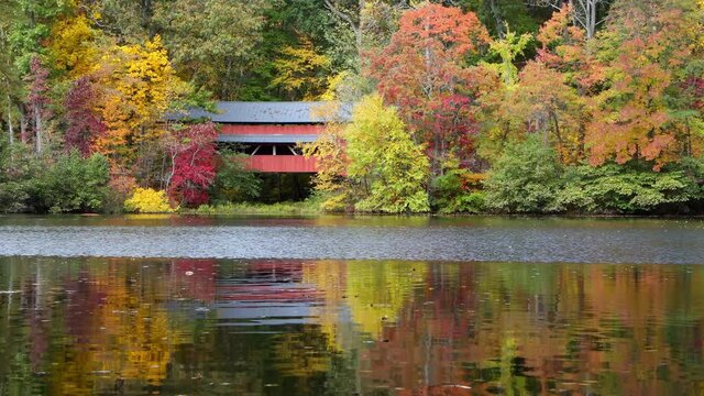 Colorful autumn leaves surrounding the red George Hutchins Covered Bridge are reflected on beautiful Lake Loretta in Alley Park, Lancaster, Ohio in this looping video footage.