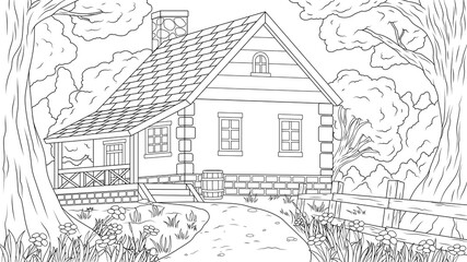 Vector illustration, house in the forest thicket