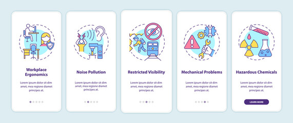 Workplace safety concerns onboarding mobile app page screen with concepts. Workplace ergonomics walkthrough 5 steps graphic instructions. UI vector template with RGB color illustrations