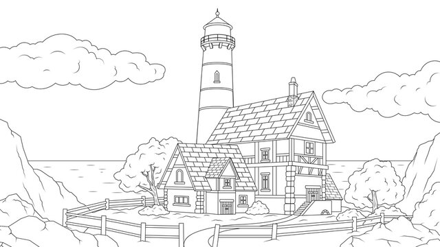 Vector illustration, lighthouse by the sea
