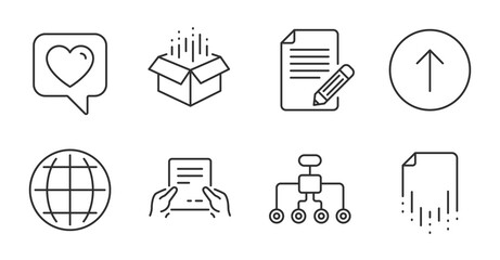Recovery file, Article and Heart line icons set. Swipe up, Open box and Globe signs. Receive file, Restructuring symbols. Backup document, Feedback, Like rating. Quality line icons. Vector