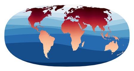 World Map Vector. Waldo R. Tobler's hyperelliptical projection. World in red orange gradient on deep blue ocean waves. Awesome vector illustration.
