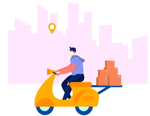 No Contact Home Delivery During Coronavirus.Express Delivery Food and Drug During Quarantine on Moped or Electric Scooter.Online Shopping.Character in Mask.Social Distance.Flat Vector Illustration