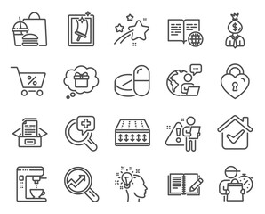 Fototapeta premium Business icons set. Included icon as Love lock, Window cleaning, Manager signs. Flexible mattress, Medical drugs, Feedback symbols. Documents box, Gift dream, Analytics. Idea, Coffee maker. Vector