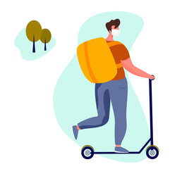 No Contact Home Delivery During Coronavirus.Express Delivery Food and Drug During Quarantine.Online Shopping.Character in Mask Delivery Food on Electric Scooter.Social Distance.Vector Illustration