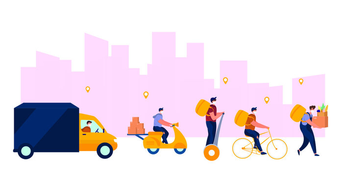No Contact Home Delivery During Coronavirus.Express Delivery Food During Quarantine on Moped or Electic Scooter,Truck,Bicycle and on Foot.Online Shopping.Social Distance.Flat Vector Illustration