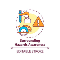 Surrounding hazards awareness concept icon. Workplace safety elements. Dangerous job elements. Safe environment idea thin line illustration. Vector isolated outline RGB color drawing. Editable stroke
