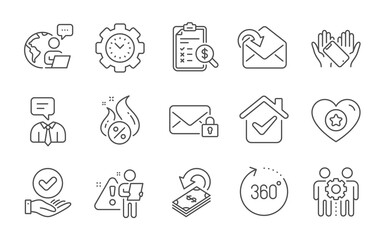 Support service, Time management and Employees teamwork line icons set. Secure mail, 360 degrees and Heart signs. Accounting report, Approved checkbox and Cashback symbols. Line icons set. Vector