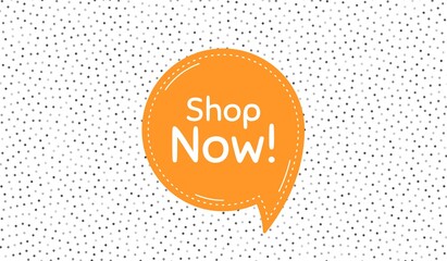 Shop now symbol. Orange speech bubble on polka dot pattern. Special offer sign. Retail Advertising. Dialogue or thought speech balloon on polka dot background. Vector