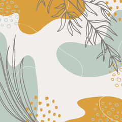 Background with organic shapes, leaves, branch and plants. Abstract natural elements in trendy doodle style for business, holiday. Simple, stylish, minimal design. Modern trendy vector graphic