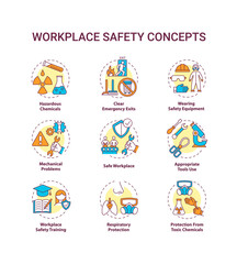 Workplace safety concept icons set. Hazardous chemicals. Clear emergency exits. Wearing safety equipment idea thin line RGB color illustrations. Vector isolated outline drawings. Editable stroke