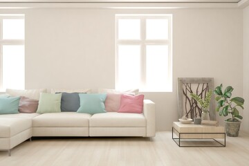 White living room with sofa. Scandinavian interior design. 3D illustration