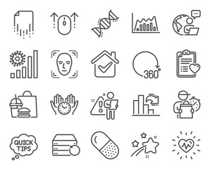 Science icons set. Included icon as Capsule pill, Patient history, Recovery file signs. Coronavirus statistics, Recovery server, Face detection symbols. Quick tips, Safe time, 360 degrees. Vector