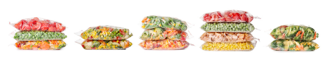 Collage of different frozen vegetables on white background