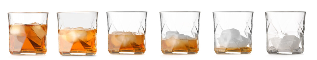Glasses with different amount of whiskey on white background