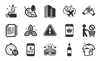 Cv documents, Sports arena and Connecting flight icons simple set. Leaf dew, 5g internet and Brandy bottle signs. Mobile finance, Skyscraper buildings and Fair trade symbols. Flat icons set. Vector