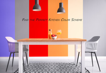 Dining table and chairs near color wall with text FIND PERFECT KITCHEN COLOR SCHEME