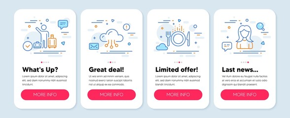 Set of Business icons, such as Food, Cloud computing, Airport transfer symbols. Mobile screen app banners. Woman line icons. Cutlery, Online storage, Baggage reclaim. Girl profile. Food icons. Vector