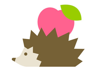Cute kid stye hedgehog holding a big apple with his needles. Vector