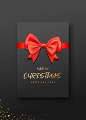 Greeting card black color, red bow ribbon merry christmas concept design on black background, Eps 10 vector illustration