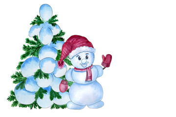 Watercolor Christmas tree in snow and snowman