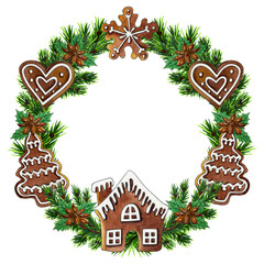 Watercolor wreath with spruce branches and gingerbread