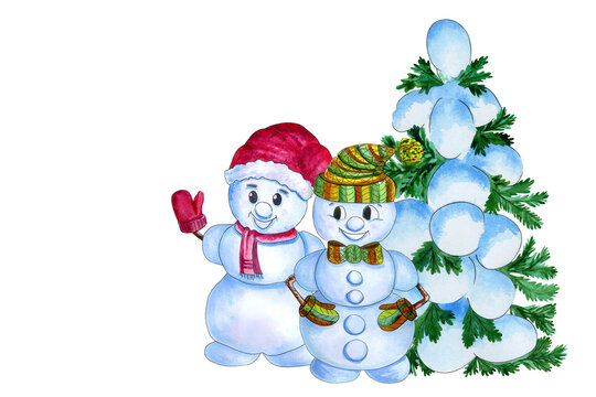Watercolor Christmas tree in snow and two snowman friends