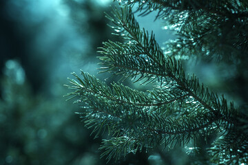 Fototapeta na wymiar branches of natural spruce close-up. selective focus, Atmospheric natural background. Tidewater Green, The 2021 Color Trend.