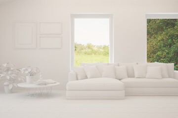 White living room with sofa and summer landscape in window. Scandinavian interior design. 3D illustration