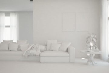 White minimalist living room with sofa. Scandinavian interior design. 3D illustration