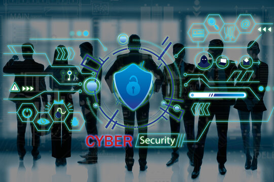 Interface of security system software and silhouettes of business people in office
