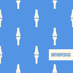 Orthopedics medical pattern of knee joint bones on blue background. Musculoskeletal system disorders treatment concept. Human body anatomy icon. Vector illustration.