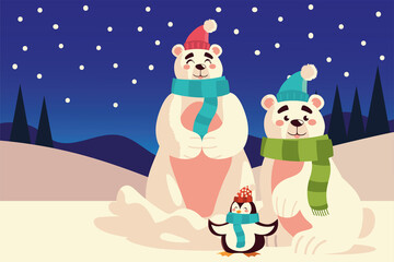 merry christmas cute polar bears and penguin sitting in the snow