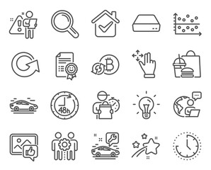 Fototapeta na wymiar Technology icons set. Included icon as Employees teamwork, Time, Refresh bitcoin signs. Research, 48 hours, Move gesture symbols. Smile, Car service, Like photo. Dot plot, Reload, Car. Vector