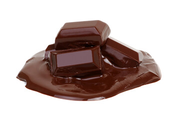 Melting piece of dark chocolate bar on white