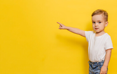 A little boy on a yellow background points to the background. Copy space.