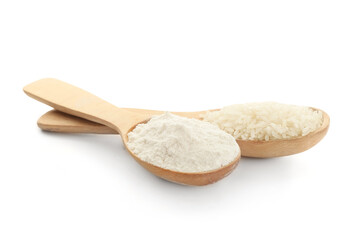Spoons with rice and flour on white background