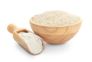 Bowl with rice and scoop with flour on white background