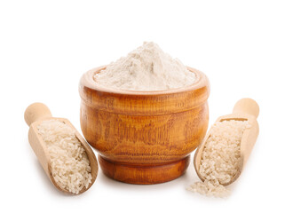 Bowl with rice flour on white background