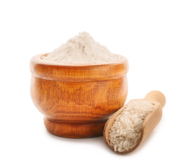 Bowl with rice flour on white background
